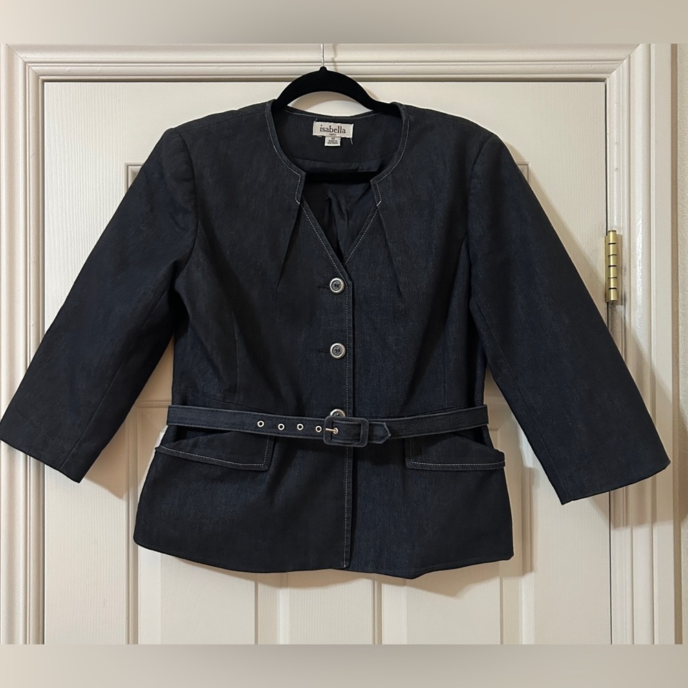 Isabella Suits Dark Blue Denim Blazer Jacket, with detachable belt. Size 10